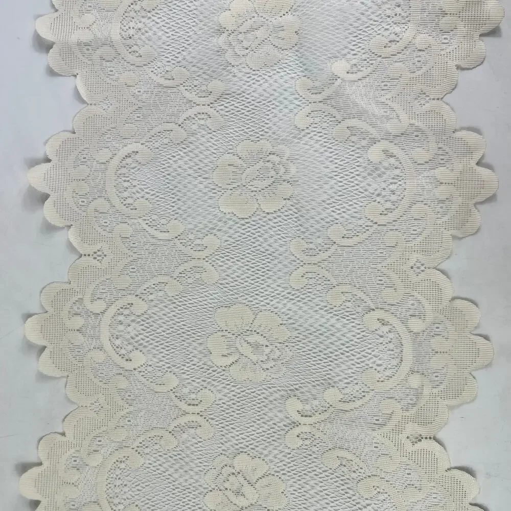 Vintage Ivory Lace Floral Table Runner 34x11 Scalloped Edges Doily Style Decor